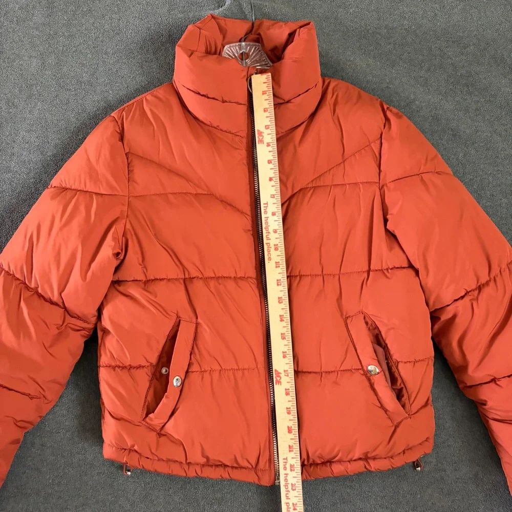 Bershka Puffer Jacket Kids Size S Orange Quilted Full Zip Stand Collar Warm Coat